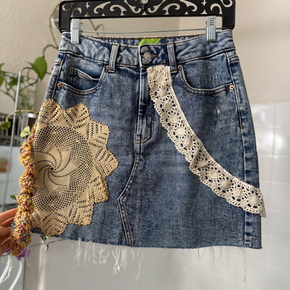 E Denim Mini Skirt Upcycled antique Lace Embellishments but EKA Erika Kelly
